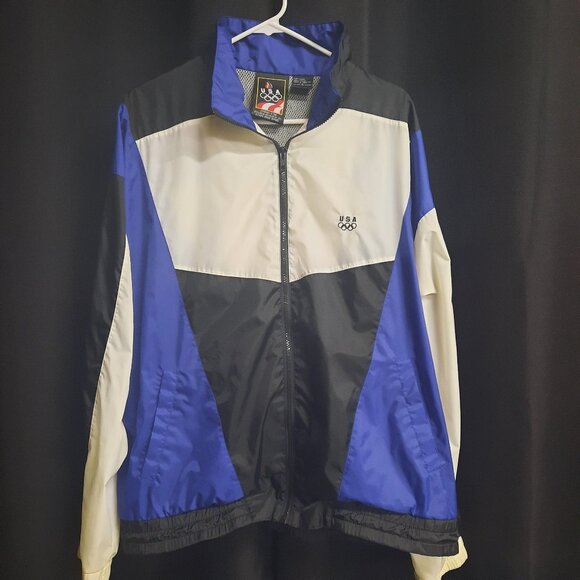 Vintage 90s JCPenney USA Olympics Windbreaker Jacket Adult Size Large Nylon Blue - Picture 1 of 8